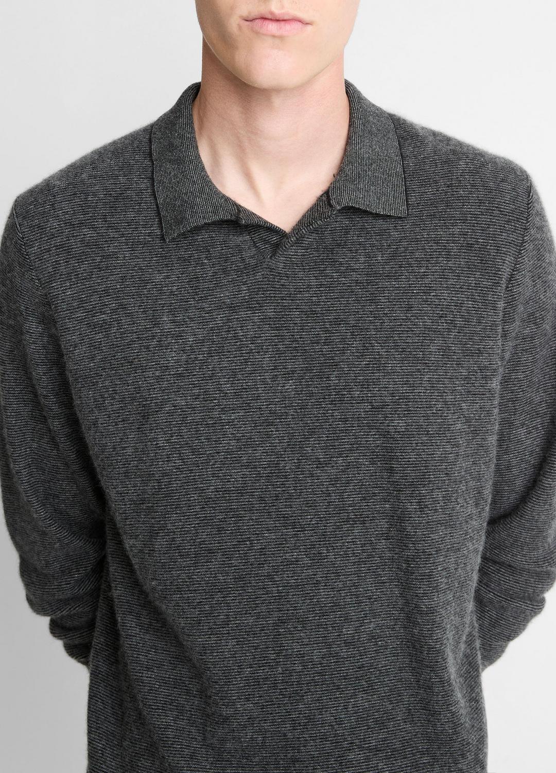 Feed Stripe Plush Cashmere Johnny-Collar Sweater in Cashmere BLACK/MEDIUM HEATHER GREY | VINCE Men