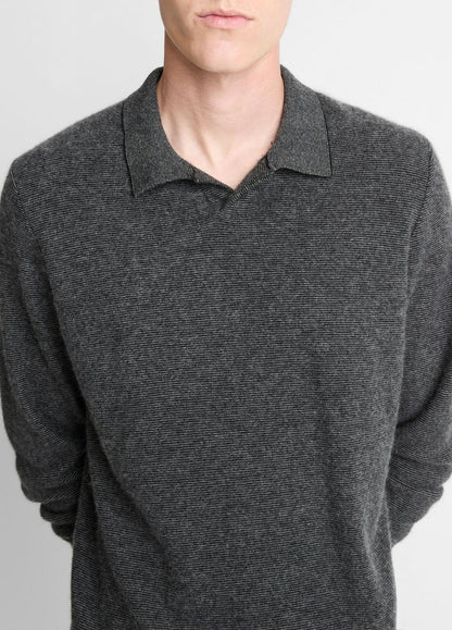 Feed Stripe Plush Cashmere Johnny-Collar Sweater in Cashmere BLACK/MEDIUM HEATHER GREY | VINCE Men