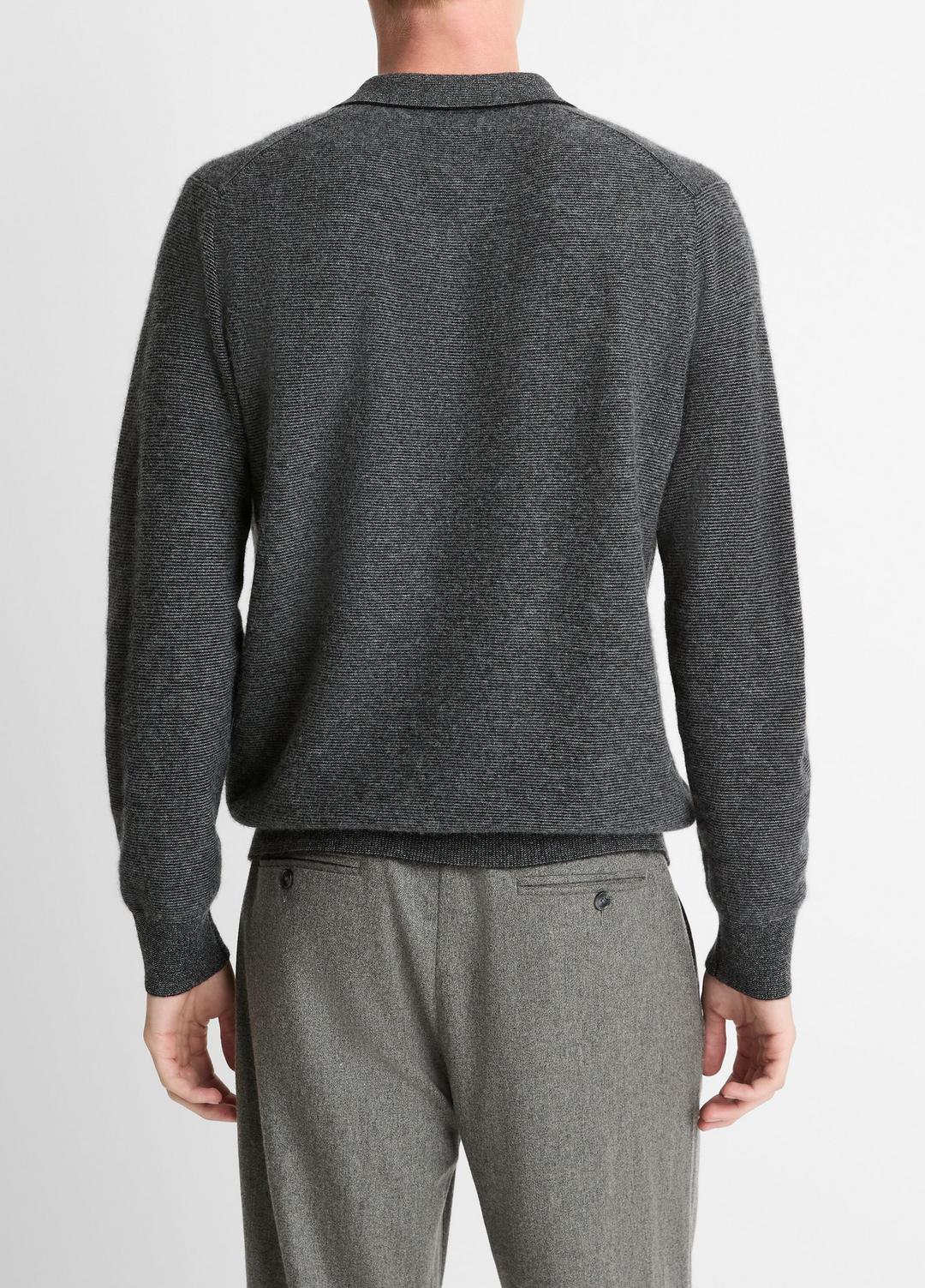 Feed Stripe Plush Cashmere Johnny-Collar Sweater in Cashmere BLACK/MEDIUM HEATHER GREY | VINCE Men