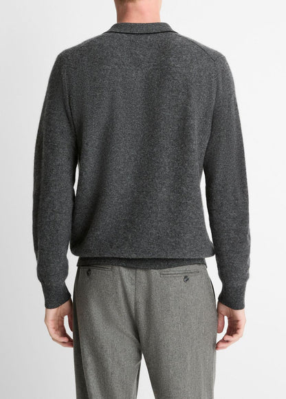 Feed Stripe Plush Cashmere Johnny-Collar Sweater in Cashmere BLACK/MEDIUM HEATHER GREY | VINCE Men