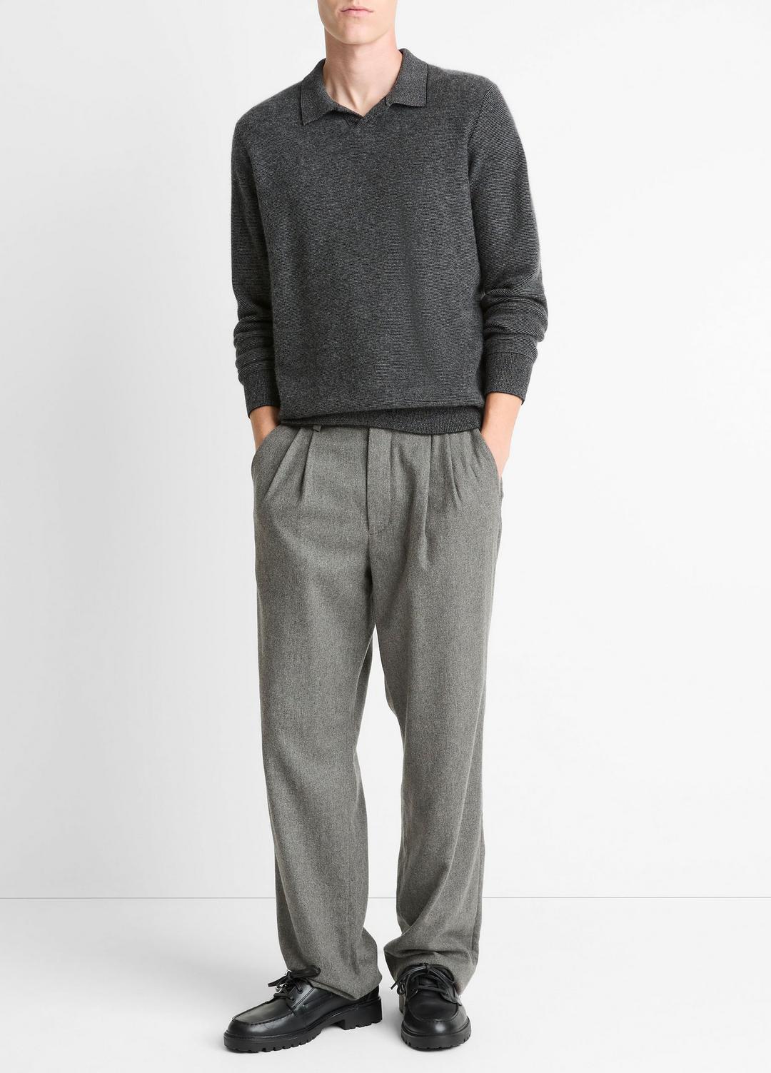 Feed Stripe Plush Cashmere Johnny-Collar Sweater in Cashmere BLACK/MEDIUM HEATHER GREY | VINCE Men