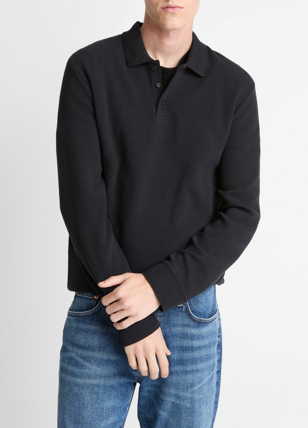 Basket-Weave Cotton Long-Sleeve Polo Shirt in Henleys & Polos COASTAL BLUE | VINCE Men