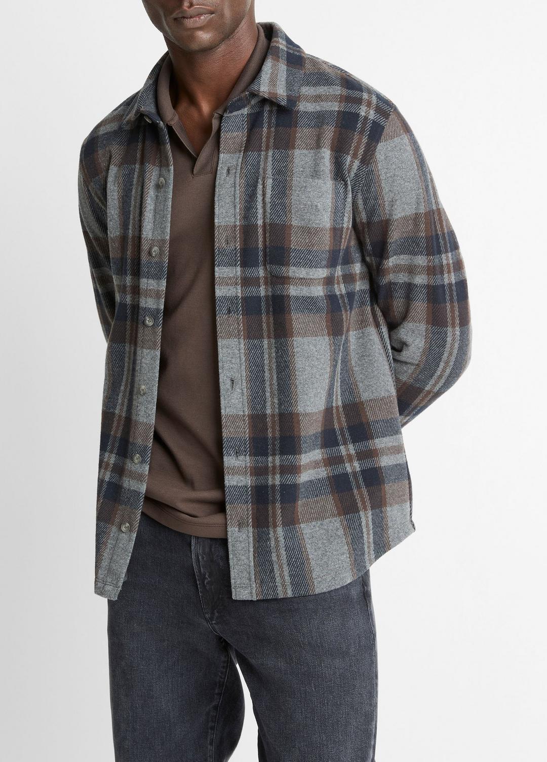 Plaid Cotton-Blend Shirt Jacket in Shirt Jackets MEDIUM HEATHER GREY COMBO | VINCE Men