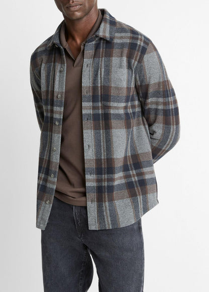 Plaid Cotton-Blend Shirt Jacket in Shirt Jackets MEDIUM HEATHER GREY COMBO | VINCE Men