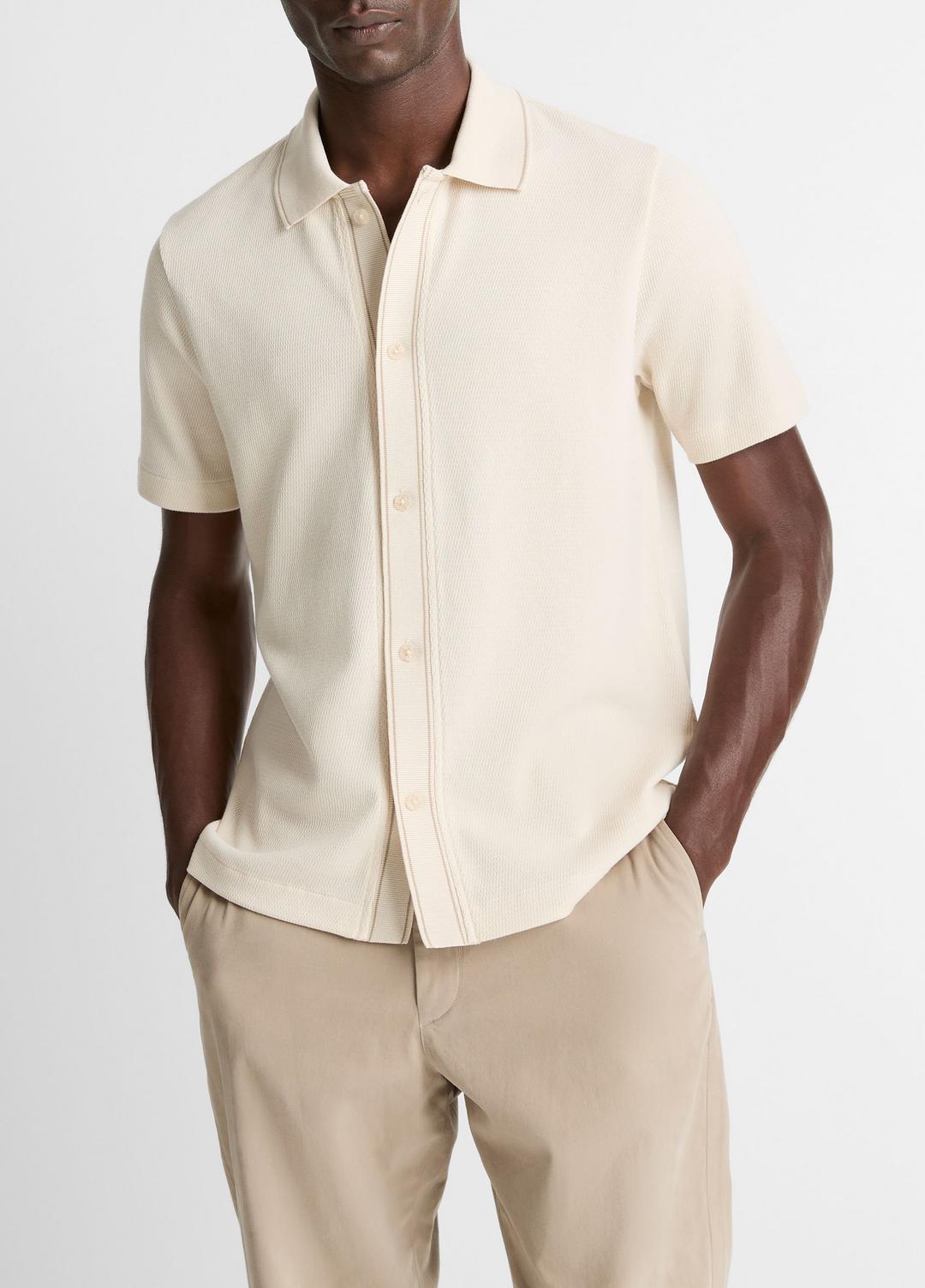 Jacquard-Knit Cotton Short-Sleeve Button-Front Shirt in Short Sleeve BONE/RIVER SAND | VINCE Men