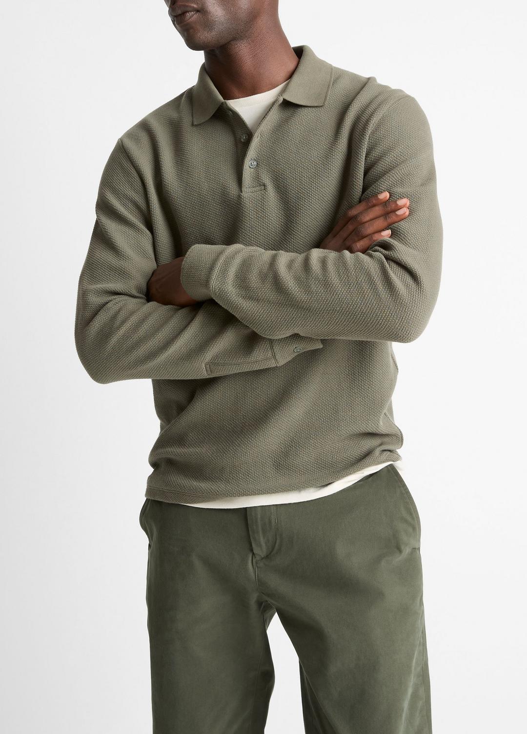 Basket-Weave Cotton Long-Sleeve Polo Shirt in Henleys & Polos SYCAMORE | VINCE Men