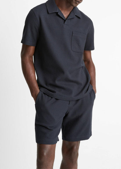 Seersucker-Knit Stretch-Cotton Short-Sleeve Johnny-Collar Shirt in Short Sleeve COASTAL BLUE | VINCE Men