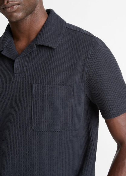 Seersucker-Knit Stretch-Cotton Short-Sleeve Johnny-Collar Shirt in Short Sleeve COASTAL BLUE | VINCE Men