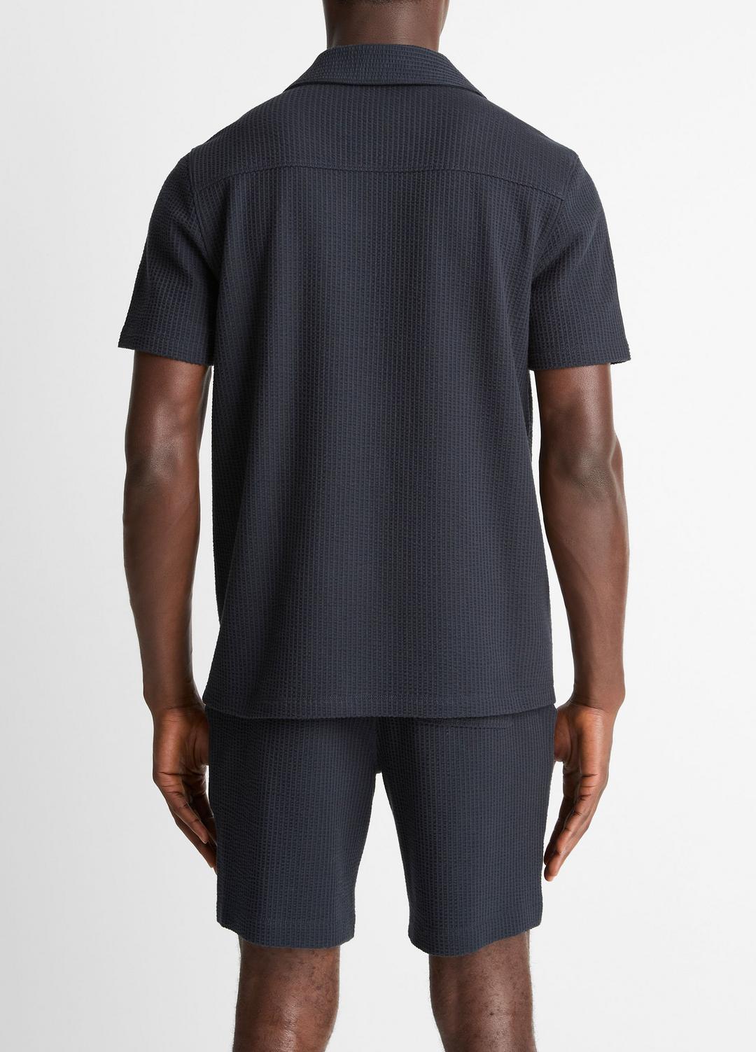 Seersucker-Knit Stretch-Cotton Short-Sleeve Johnny-Collar Shirt in Short Sleeve COASTAL BLUE | VINCE Men