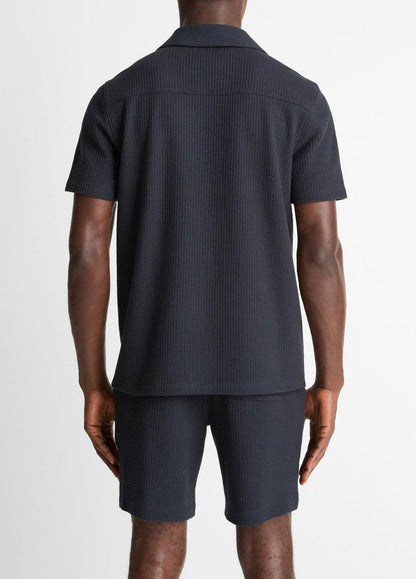 Seersucker-Knit Stretch-Cotton Short-Sleeve Johnny-Collar Shirt in Short Sleeve COASTAL BLUE | VINCE Men