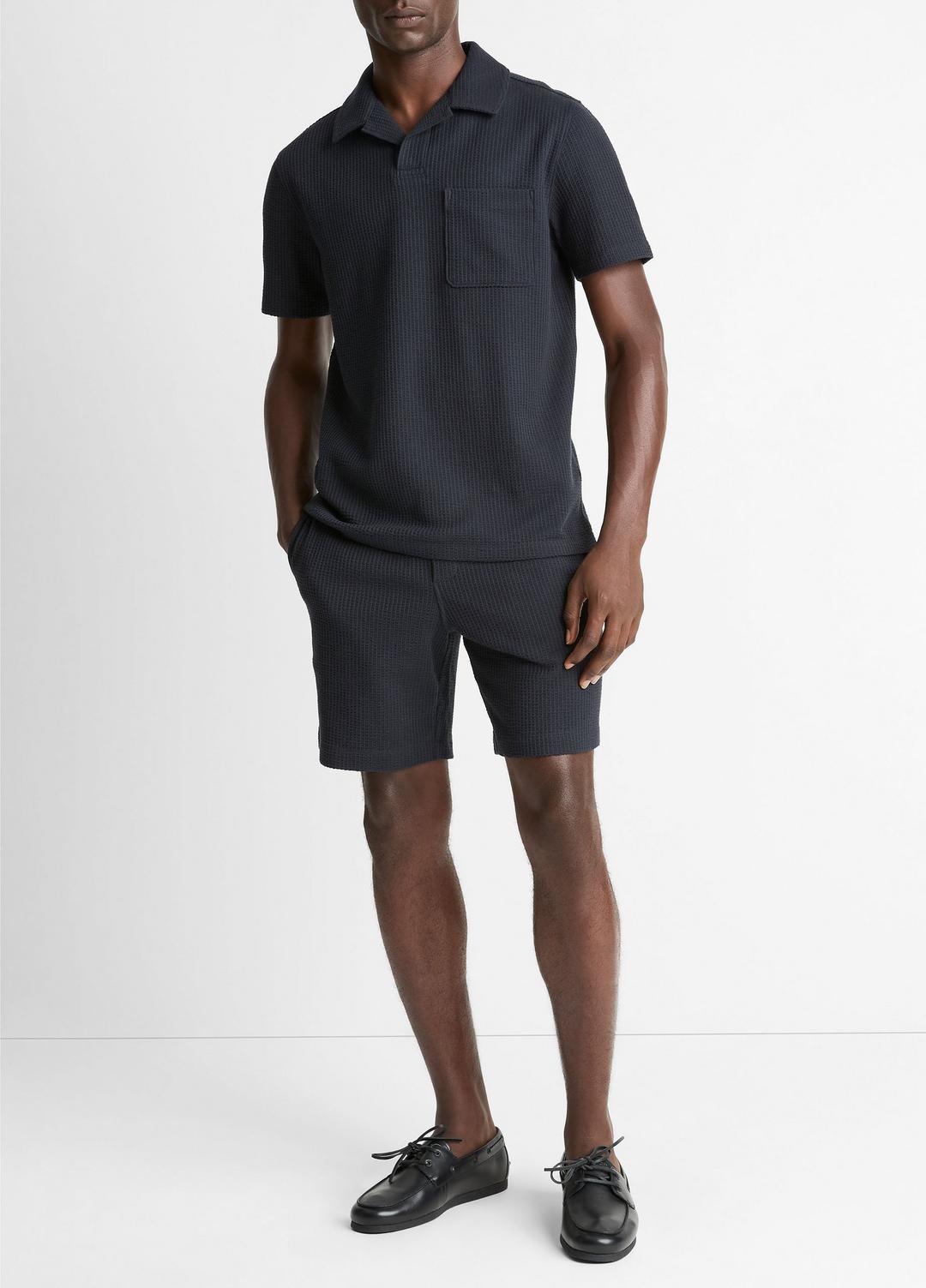 Seersucker-Knit Stretch-Cotton Short-Sleeve Johnny-Collar Shirt in Short Sleeve COASTAL BLUE | VINCE Men