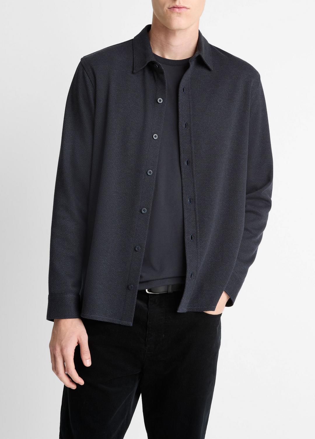 Herringbone Cotton-Blend Button-Front Shirt in Long Sleeve COASTAL BLUE | VINCE Men