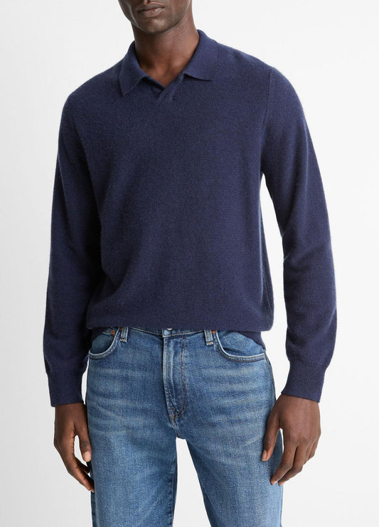 Feed Stripe Plush Cashmere Johnny-Collar Sweater in Cashmere COASTAL BLUE/DARK SAPPHIRE | VINCE Men