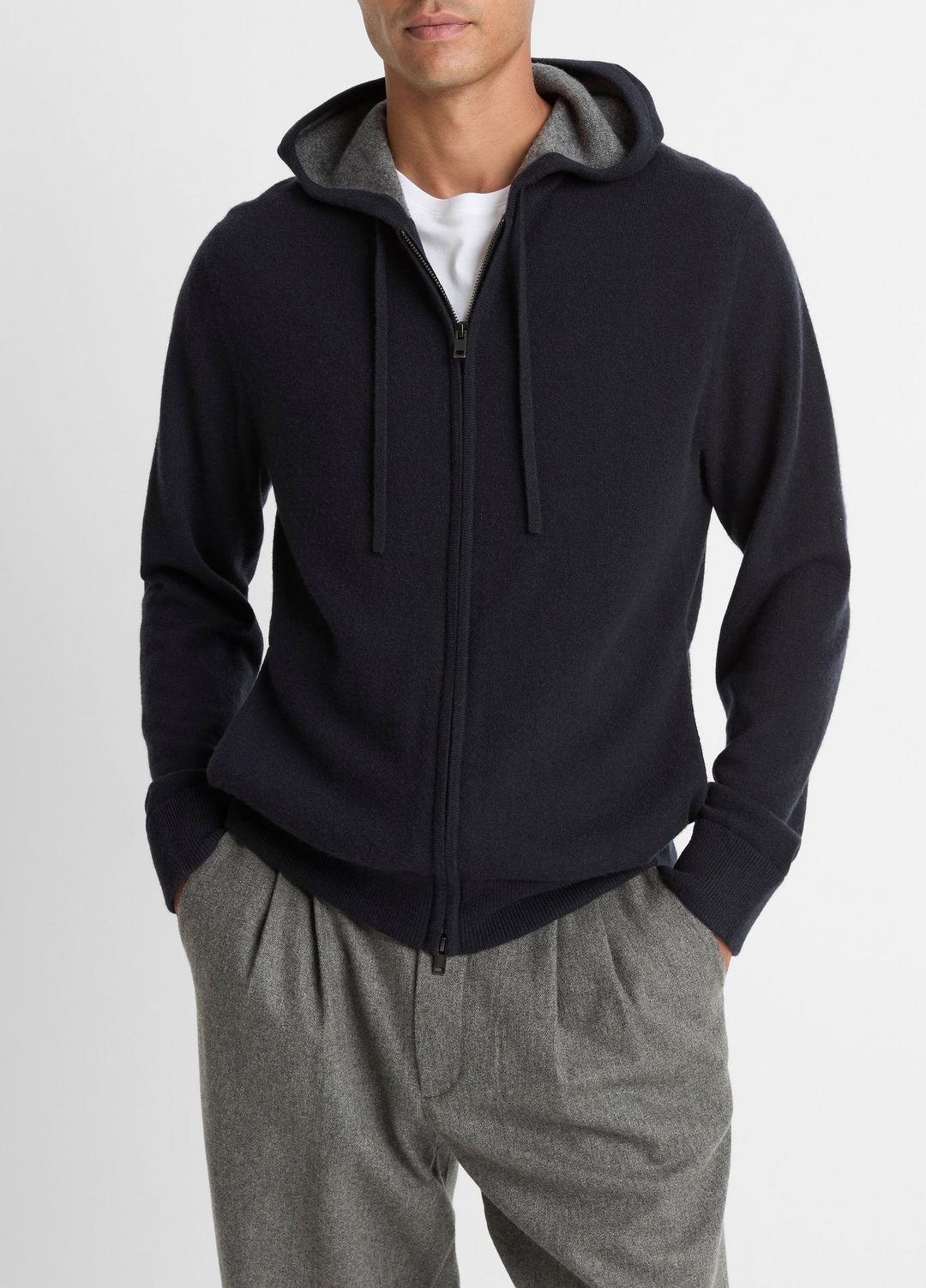 Cashmere Zip-Front Hoodie in Cashmere COASTAL BLUE/MEDIUM HEATHER GREY | VINCE Men