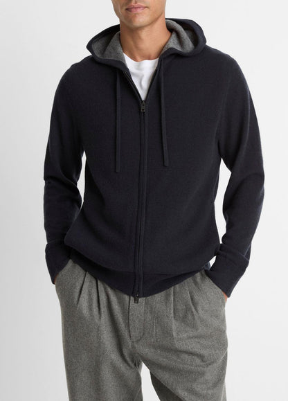 Cashmere Zip-Front Hoodie in Cashmere COASTAL BLUE/MEDIUM HEATHER GREY | VINCE Men