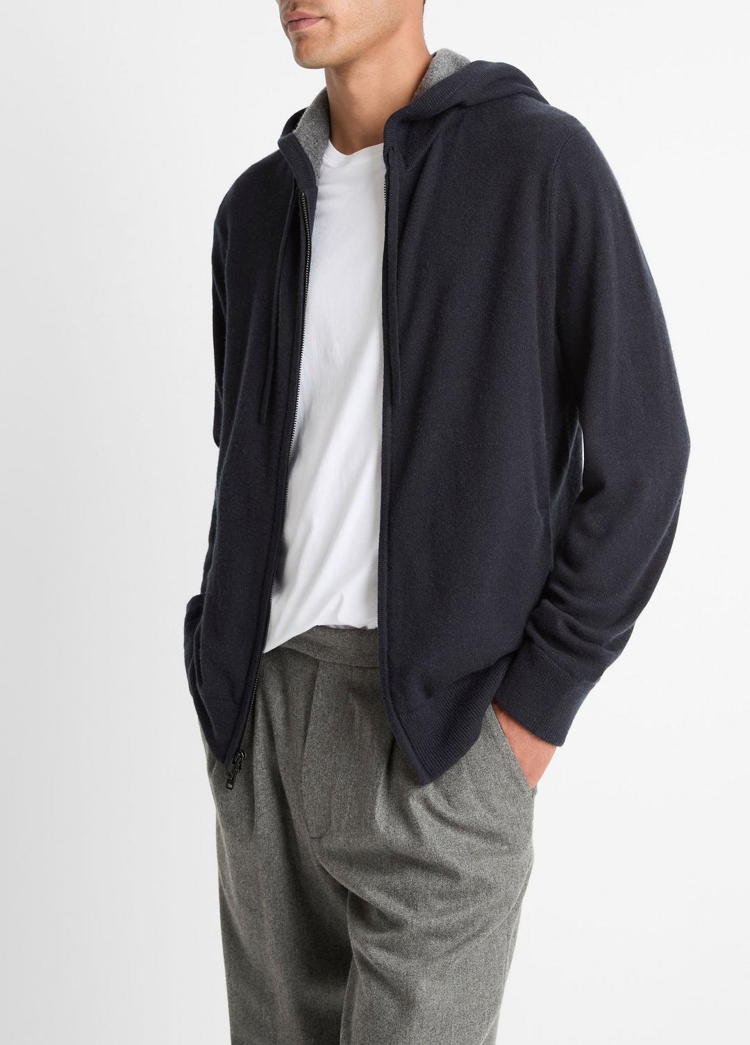 Cashmere Zip-Front Hoodie in Cashmere COASTAL BLUE/MEDIUM HEATHER GREY | VINCE Men