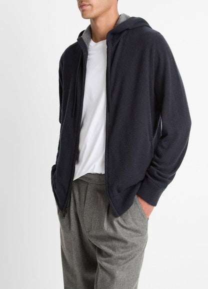 Cashmere Zip-Front Hoodie in Cashmere COASTAL BLUE/MEDIUM HEATHER GREY | VINCE Men