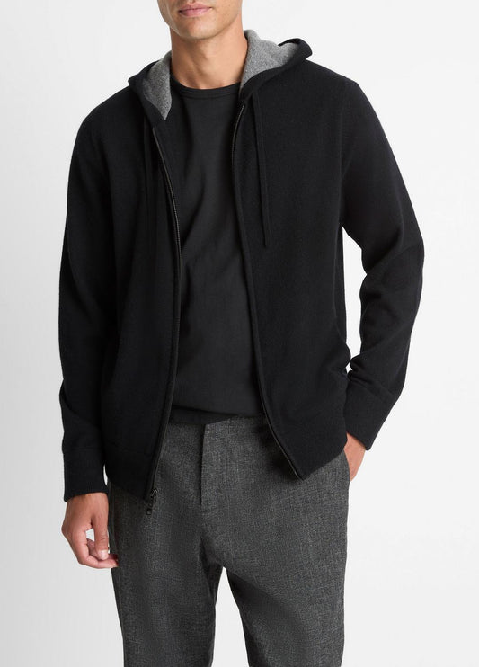 Cashmere Zip-Front Hoodie in Cashmere BLACK/MEDIUM HEATHER GREY | VINCE Men