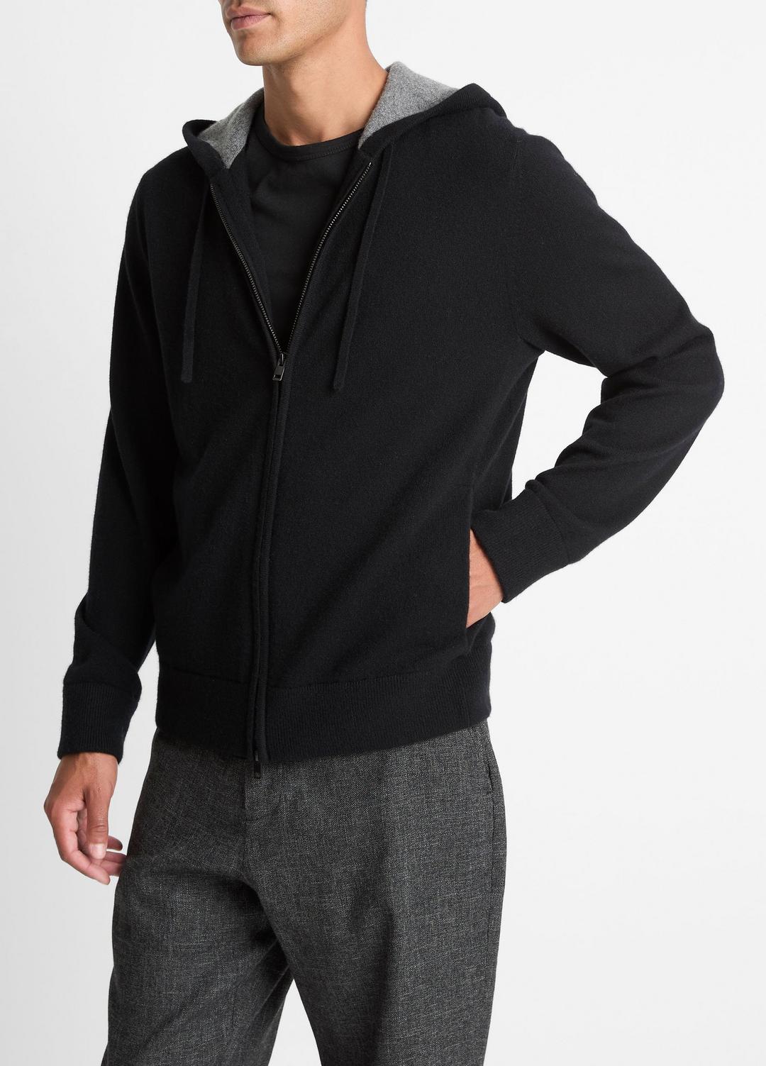 Cashmere Zip-Front Hoodie in Cashmere BLACK/MEDIUM HEATHER GREY | VINCE Men