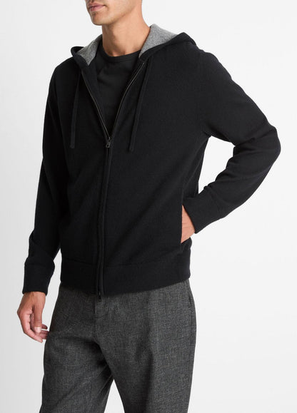 Cashmere Zip-Front Hoodie in Cashmere BLACK/MEDIUM HEATHER GREY | VINCE Men