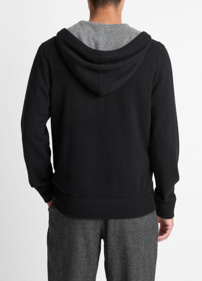 Cashmere Zip-Front Hoodie in Cashmere BLACK/MEDIUM HEATHER GREY | VINCE Men
