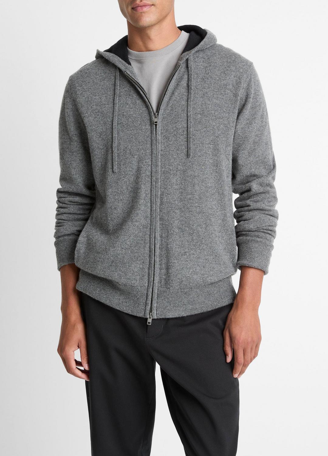 Cashmere Zip-Front Hoodie in Cashmere MEDIUM HEATHER GREY/BLACK | VINCE Men