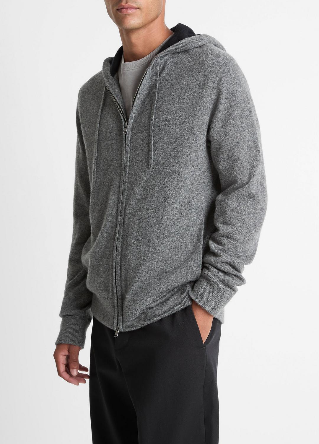 Cashmere Zip-Front Hoodie in Cashmere MEDIUM HEATHER GREY/BLACK | VINCE Men