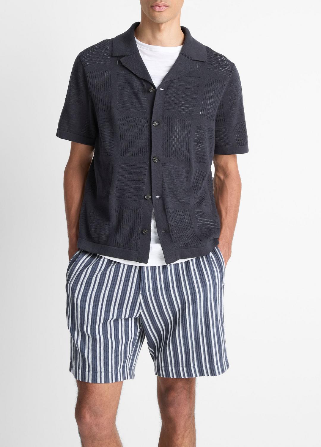 Patchwork Pointelle Short-Sleeve Shirt in Short Sleeve LIGHT COASTAL BLUE | VINCE Men