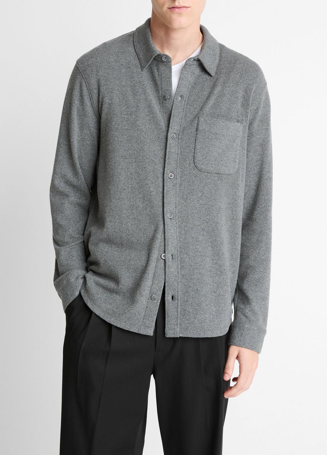 Knit Cotton-Blend Button-Front Shirt in Long Sleeve MEDIUM HEATHER GREY | VINCE Men