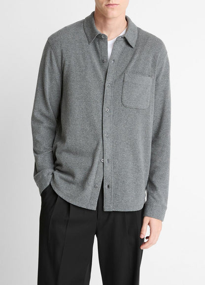 Knit Cotton-Blend Button-Front Shirt in Long Sleeve MEDIUM HEATHER GREY | VINCE Men