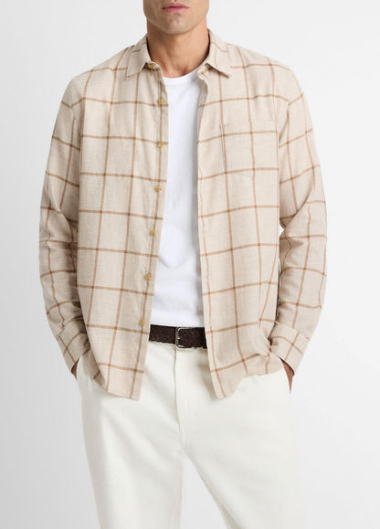 Rockery Plaid Cotton Button-Front Shirt in Long Sleeve HEATHER OATMEAL/WALNUT | VINCE Men