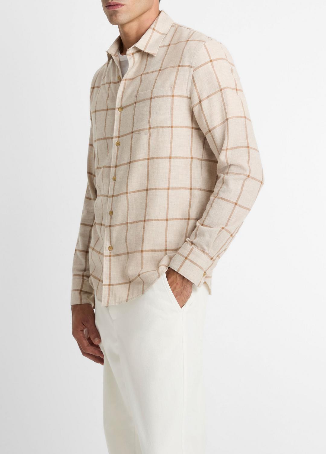 Rockery Plaid Cotton Button-Front Shirt in Long Sleeve HEATHER OATMEAL/WALNUT | VINCE Men