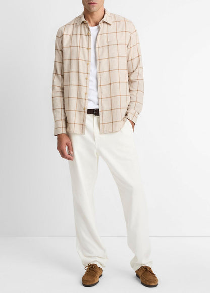 Rockery Plaid Cotton Button-Front Shirt in Long Sleeve HEATHER OATMEAL/WALNUT | VINCE Men