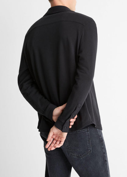 Knit Cotton-Blend Button-Front Shirt in Long Sleeve BLACK | VINCE Men