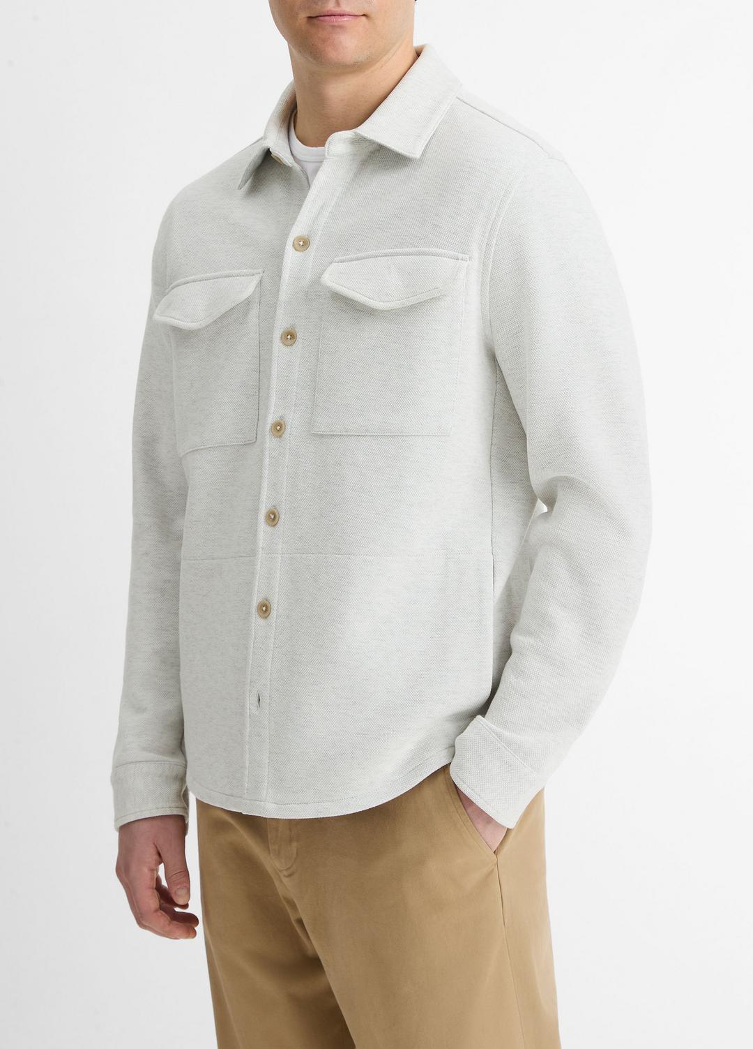 Double-Knit Cotton-Blend Piqué Shirt Jacket in Shirt Jackets HEATHER WHITE/LIGHT HEATHER GREY | VINCE Men