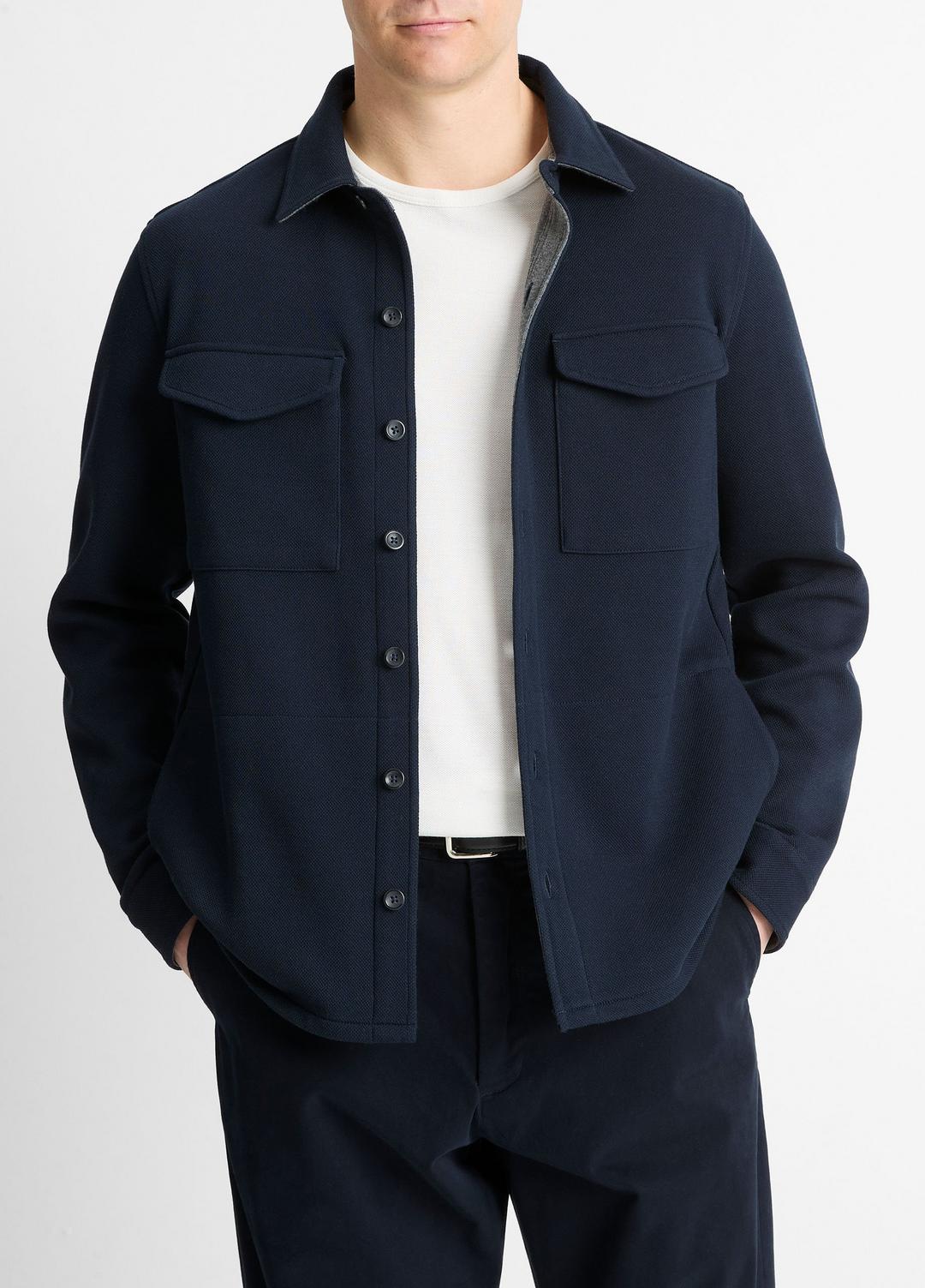 Double-Knit Cotton-Blend Piqué Shirt Jacket in Shirt Jackets COASTAL BLUE/MEDIUM GREY | VINCE Men