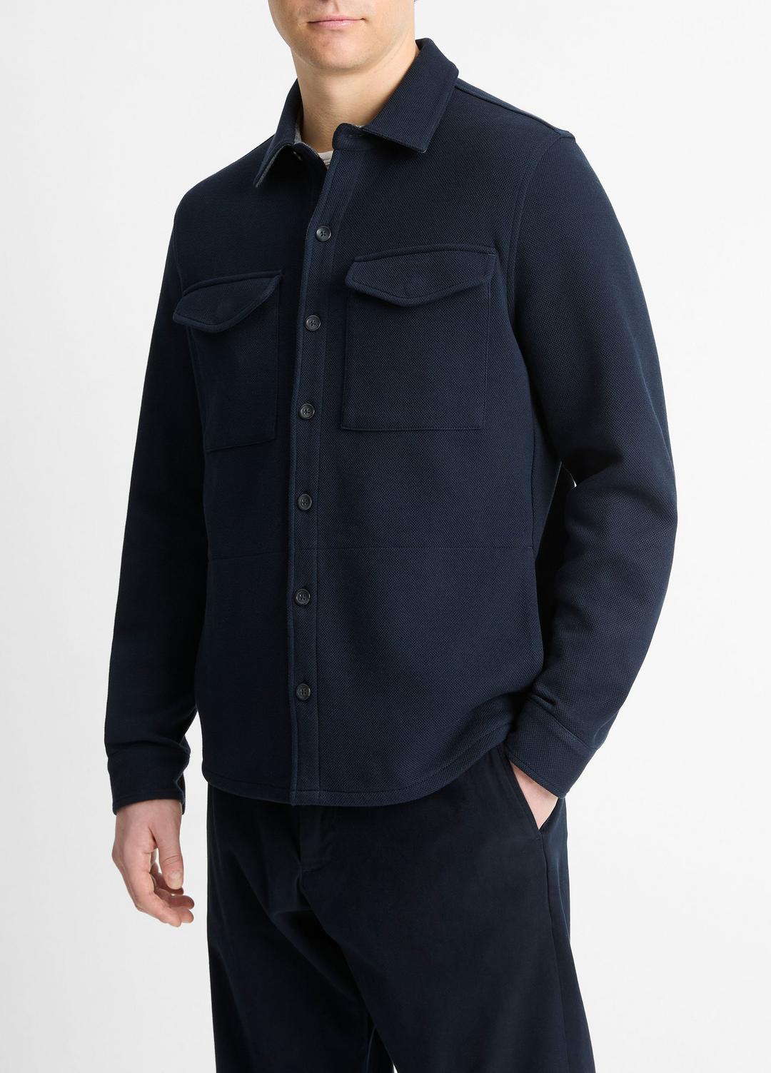 Double-Knit Cotton-Blend Piqué Shirt Jacket in Shirt Jackets COASTAL BLUE/MEDIUM GREY | VINCE Men
