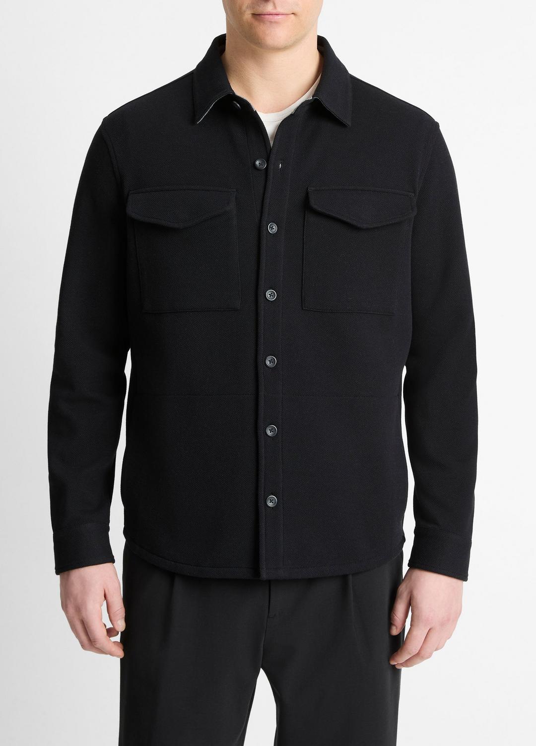 Double-Knit Cotton-Blend Piqué Shirt Jacket in Shirt Jackets BLACK/MEDIUM HEATHER GREY | VINCE Men