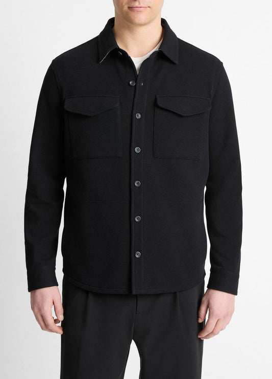 Double-Knit Cotton-Blend Piqué Shirt Jacket in Shirt Jackets BLACK/MEDIUM HEATHER GREY | VINCE Men
