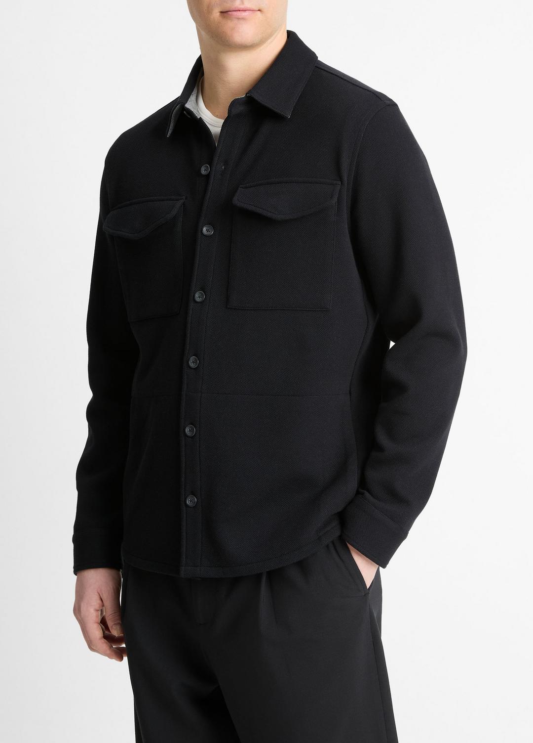 Double-Knit Cotton-Blend Piqué Shirt Jacket in Shirt Jackets BLACK/MEDIUM HEATHER GREY | VINCE Men