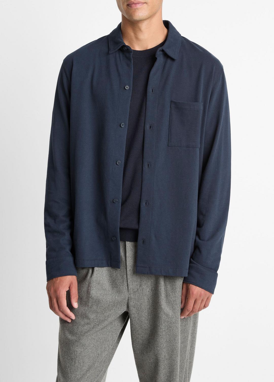Sueded Cotton Jersey Button-Front Shirt in Long Sleeve COASTAL BLUE | VINCE Men