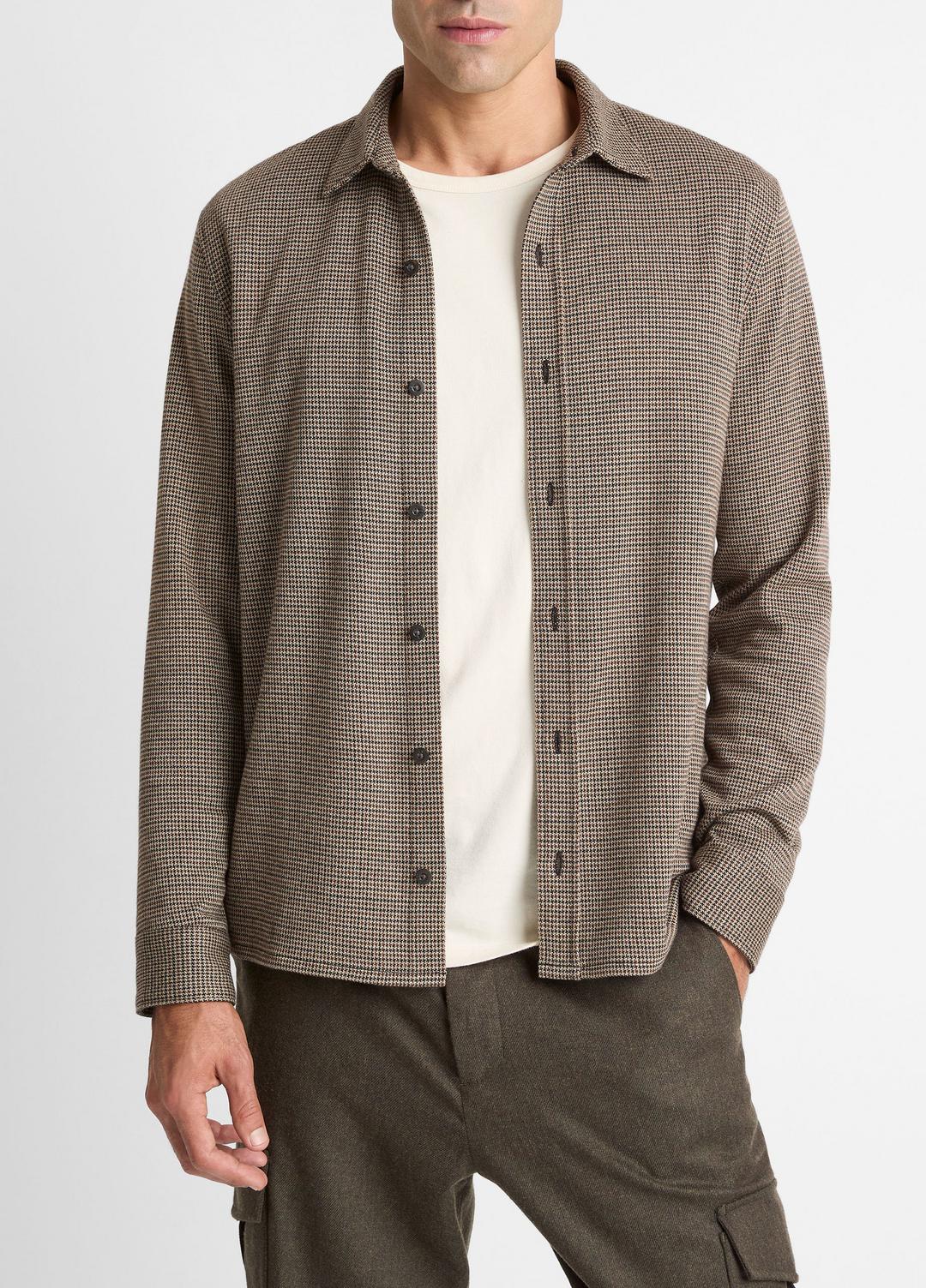 Houndstooth Cotton-Blend Button-Front Shirt in Long Sleeve DARK ROAST COMBO | VINCE Men