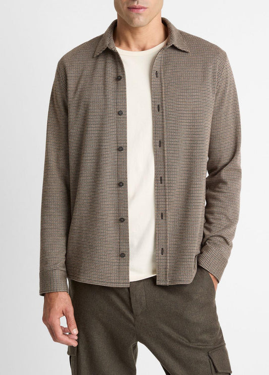 Houndstooth Cotton-Blend Button-Front Shirt in Long Sleeve DARK ROAST COMBO | VINCE Men