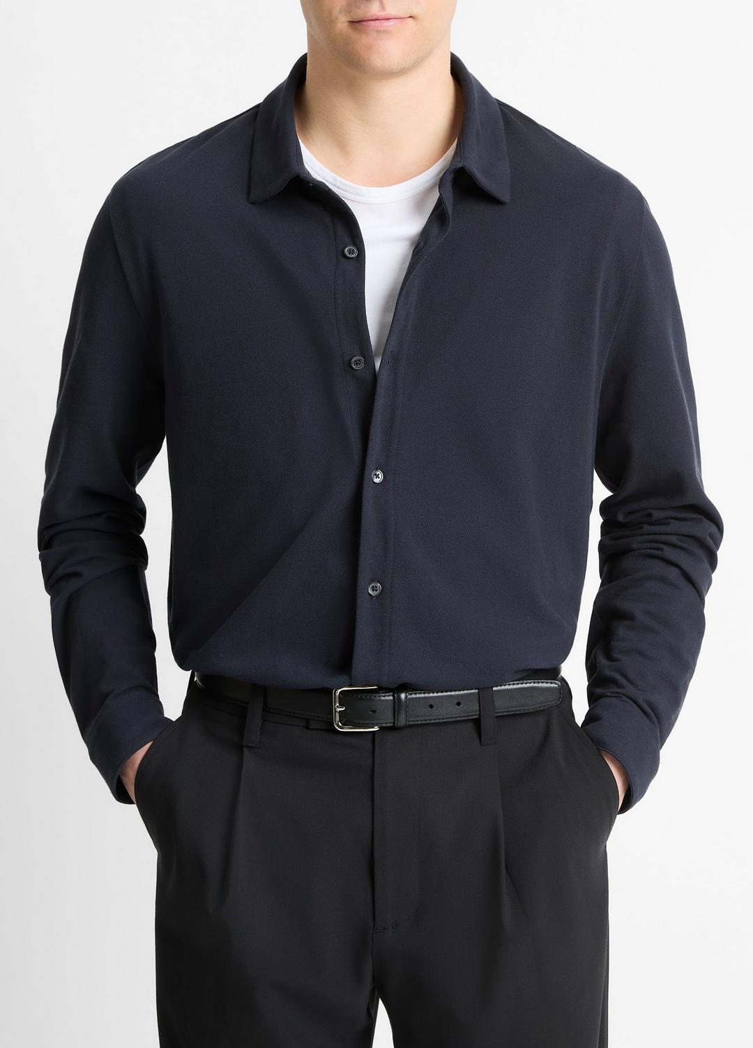 Cotton Piqué Button-Front Shirt in Long Sleeve COASTAL BLUE | VINCE Men