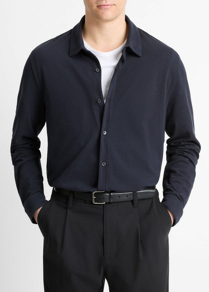 Cotton Piqué Button-Front Shirt in Long Sleeve COASTAL BLUE | VINCE Men