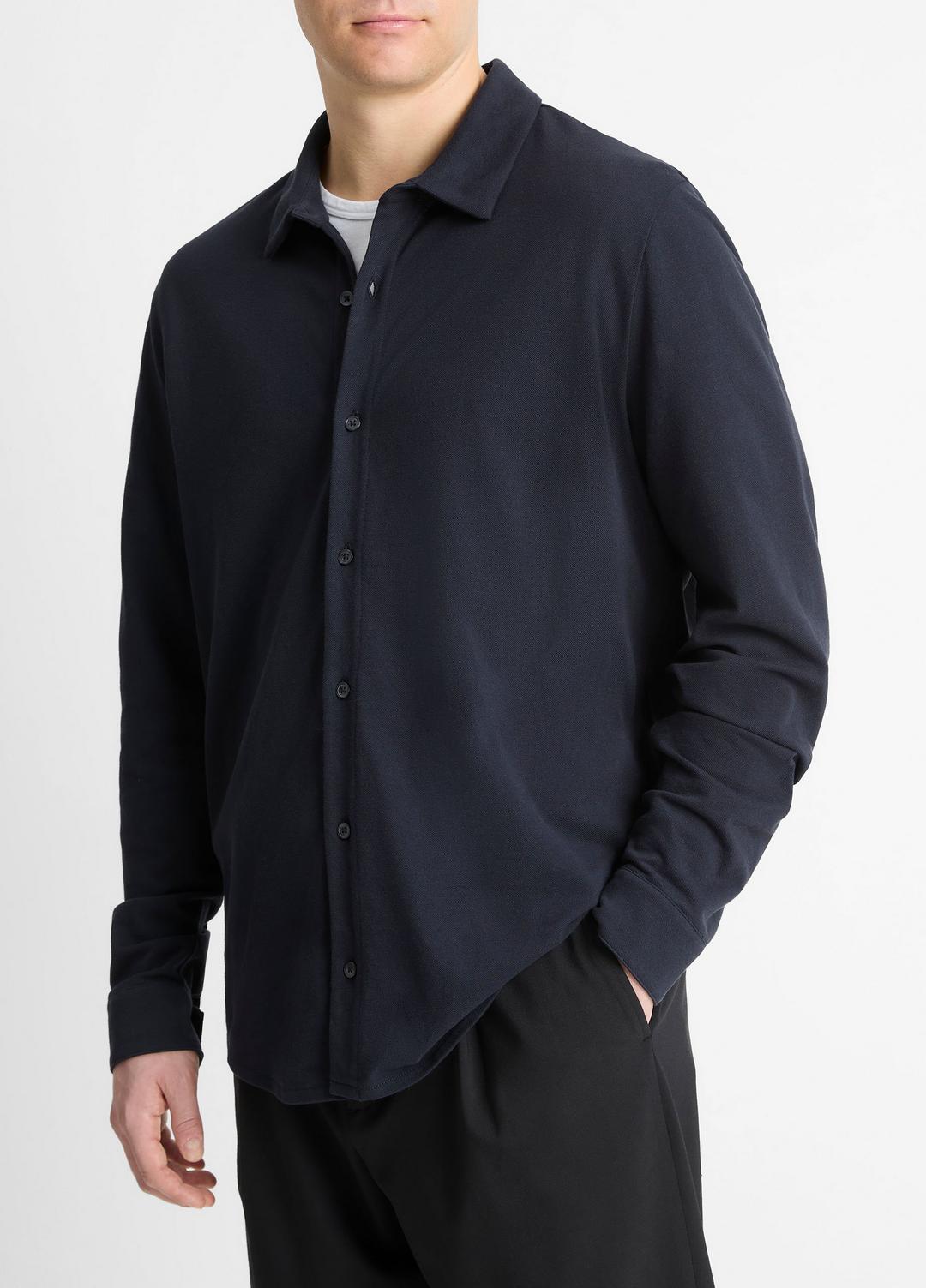 Cotton Piqué Button-Front Shirt in Long Sleeve COASTAL BLUE | VINCE Men