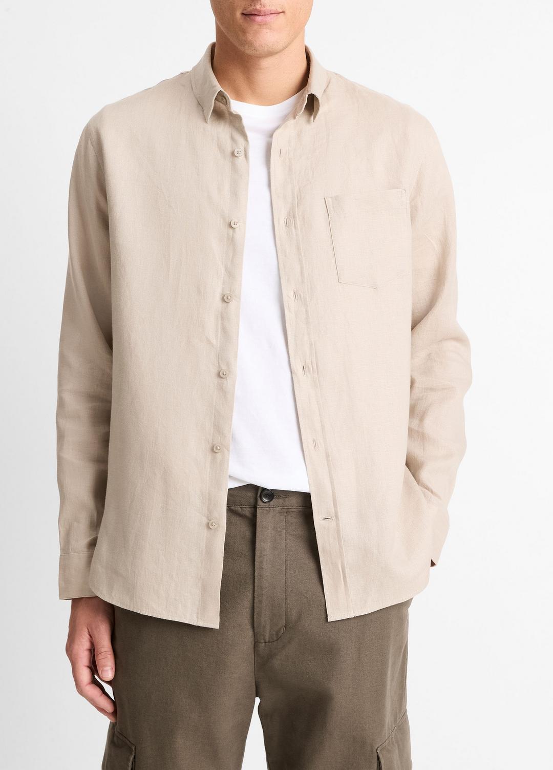 Linen Long-Sleeve Shirt in Long Sleeve PUMICE ROCK | VINCE Men