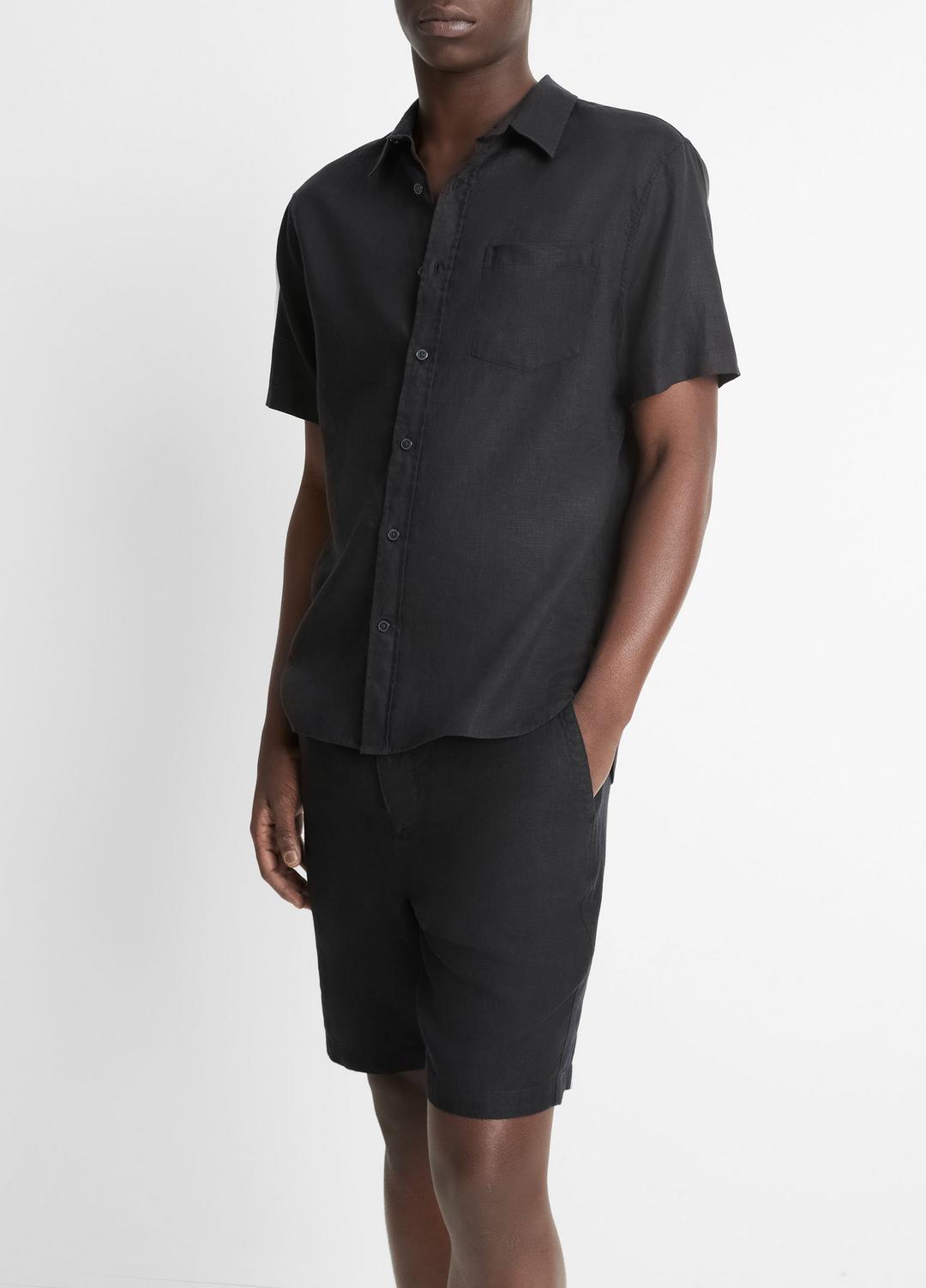 Linen Short-Sleeve Shirt in Short Sleeve BLACK | VINCE Men
