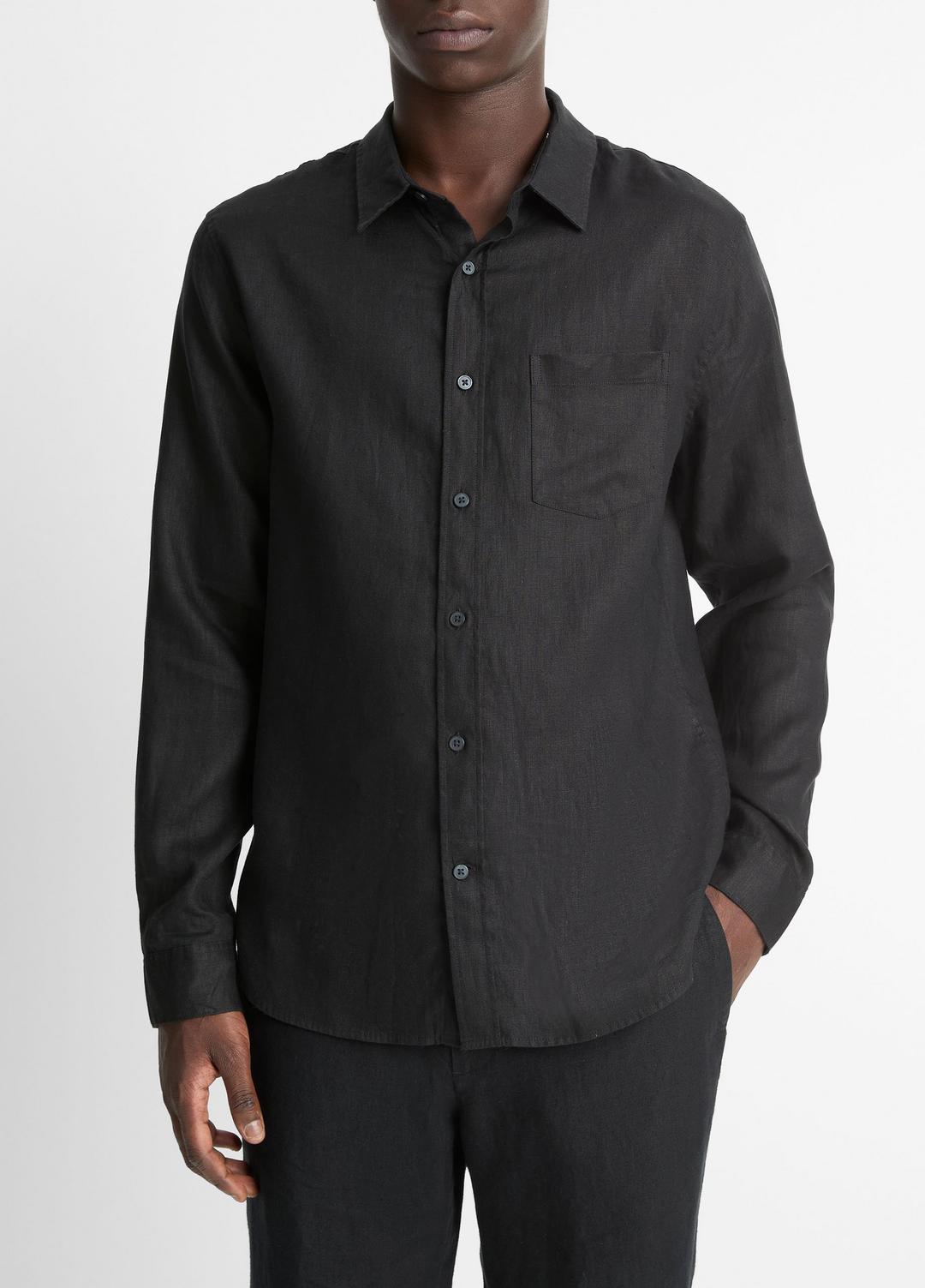 Linen Long-Sleeve Shirt in Long Sleeve BLACK | VINCE Men