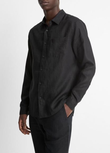 Linen Long-Sleeve Shirt in Long Sleeve BLACK | VINCE Men